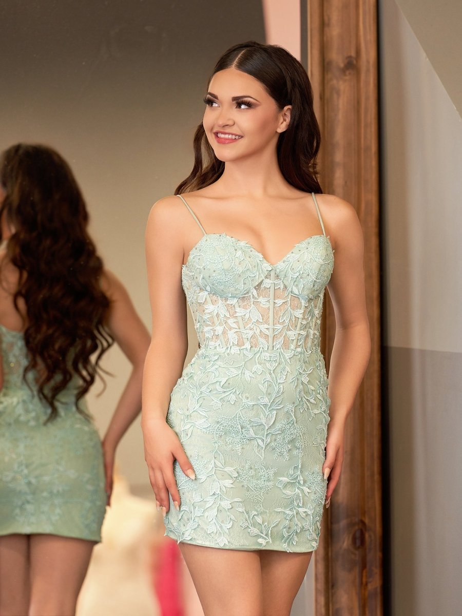 Ellie |  Yellow Spaghetti Straps Tight Short Homecoming Dress with Appliques