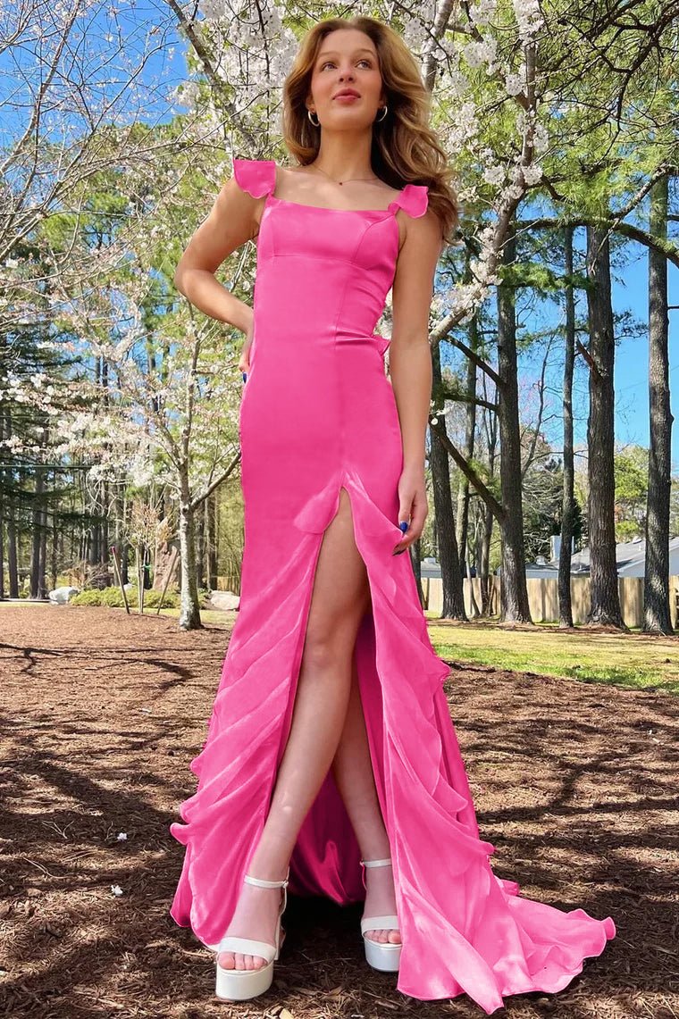 Ailani | Emerald Green Square Neck Ruffle Slit Prom Dress