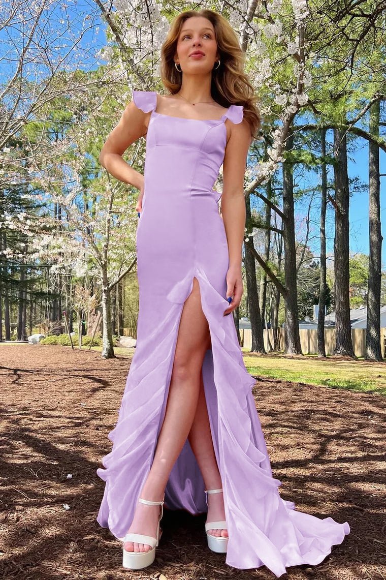 Ailani | Emerald Green Square Neck Ruffle Slit Prom Dress