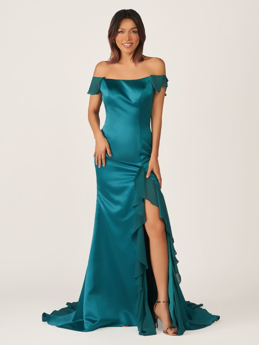 Ailani | Emerald Green Square Neck Ruffle Slit Prom Dress