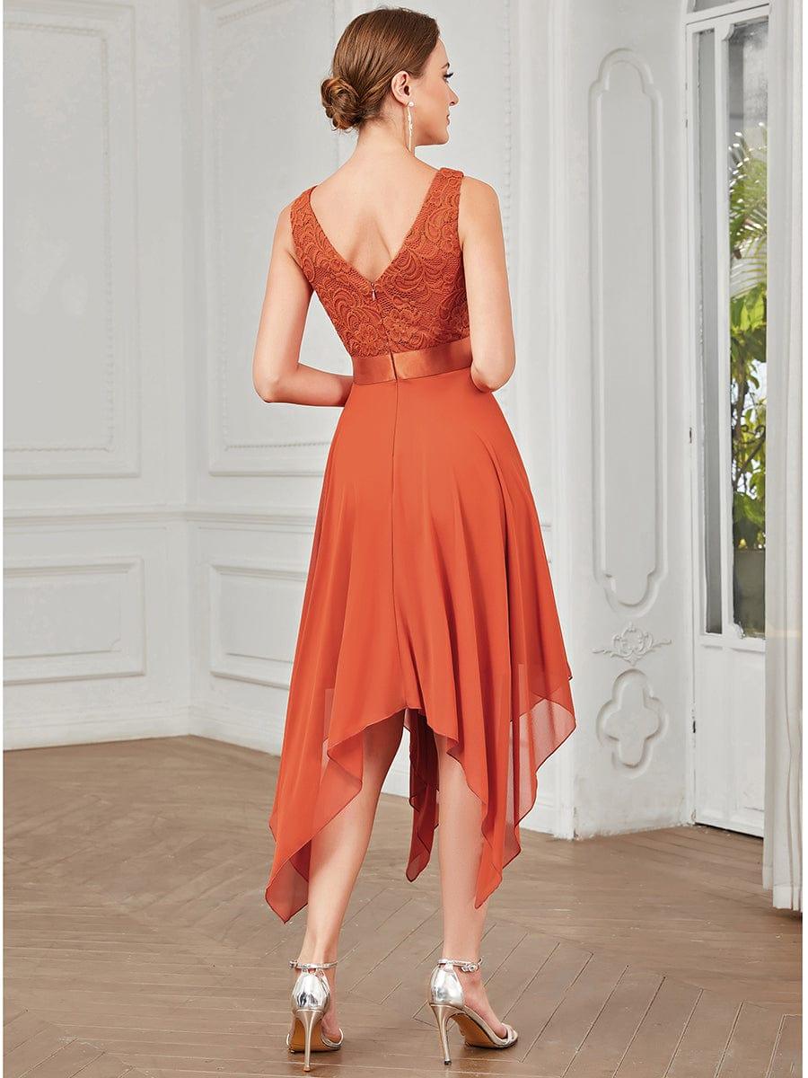 COSTA|Deep V-Neck Lace Chiffon Bridesmaid Dress with Asymmetrical Hem