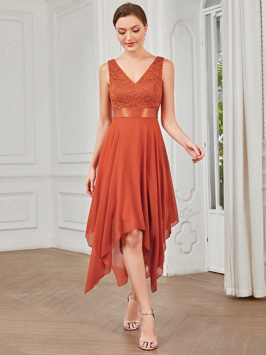 COSTA|Deep V-Neck Lace Chiffon Bridesmaid Dress with Asymmetrical Hem