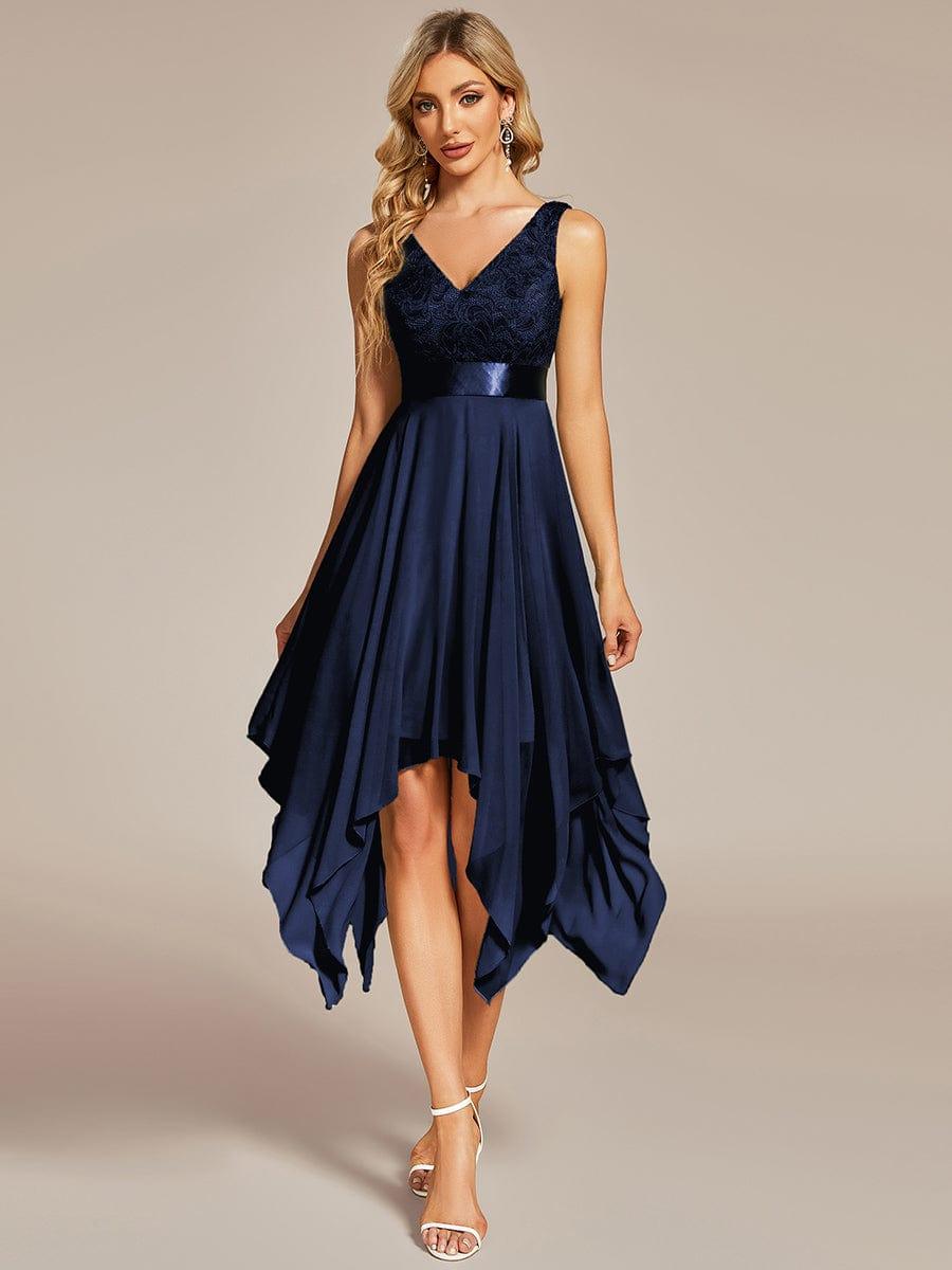 COSTA|Deep V-Neck Lace Chiffon Bridesmaid Dress with Asymmetrical Hem