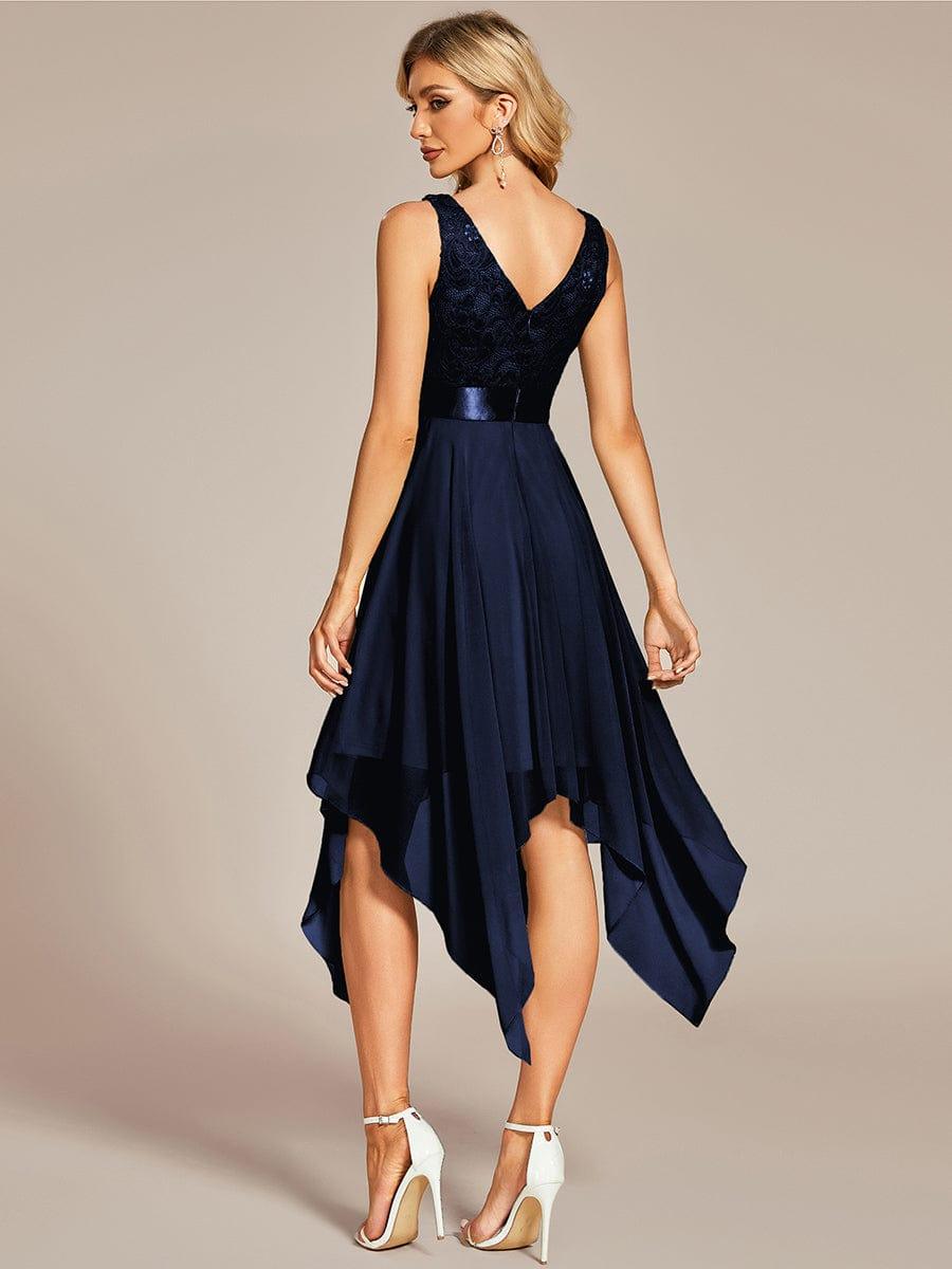 COSTA|Deep V-Neck Lace Chiffon Bridesmaid Dress with Asymmetrical Hem