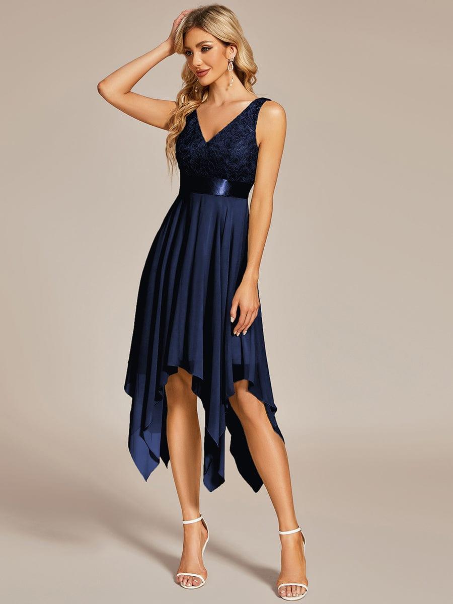 COSTA|Deep V-Neck Lace Chiffon Bridesmaid Dress with Asymmetrical Hem