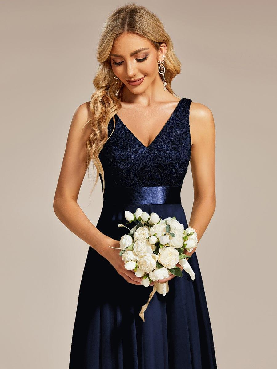 COSTA|Deep V-Neck Lace Chiffon Bridesmaid Dress with Asymmetrical Hem