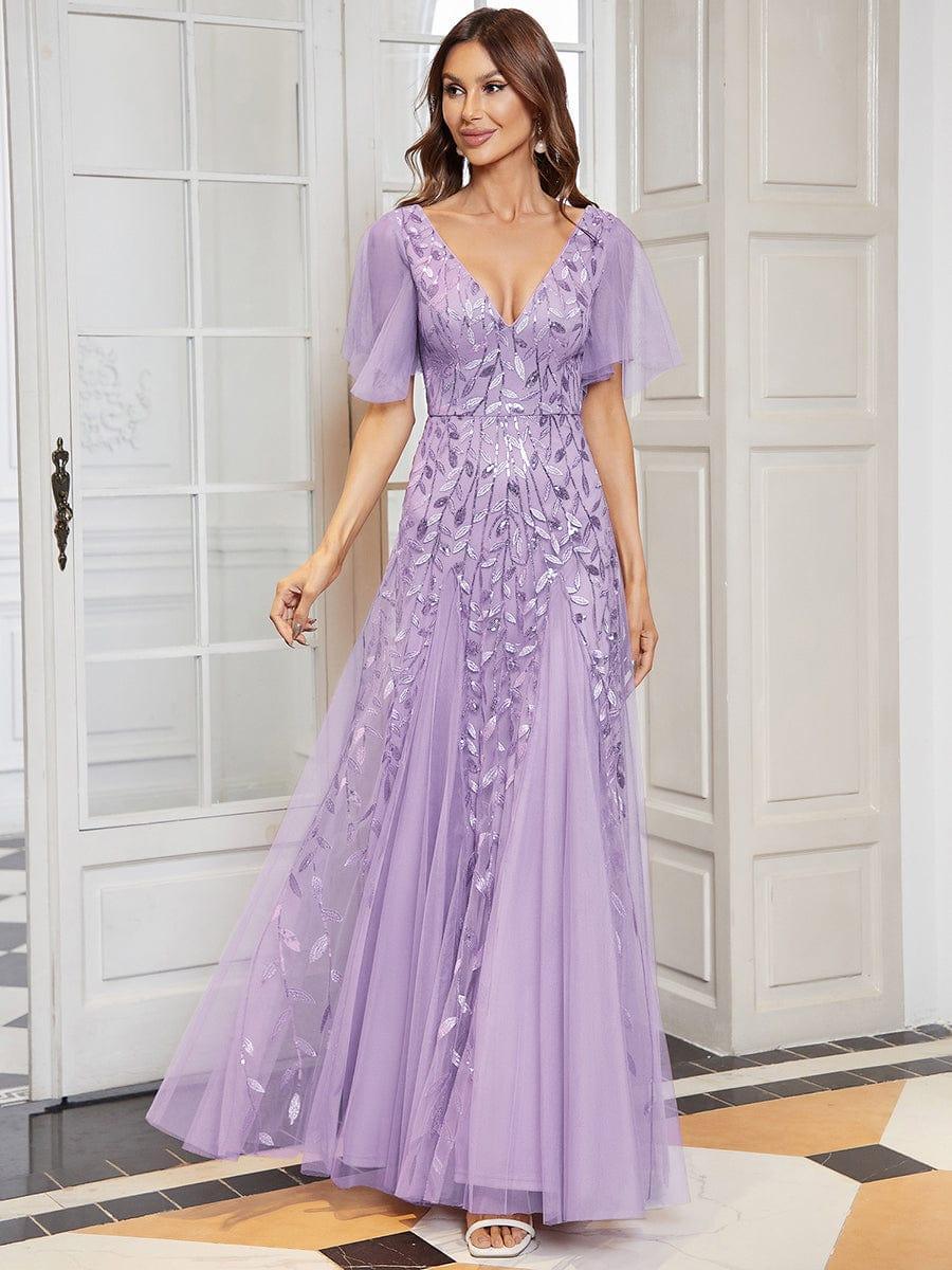 ASTRAL|Ruffle Sleeves Leaf Sequin Maxi Bridesmaid Dress