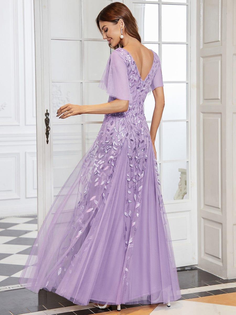 ASTRAL|Ruffle Sleeves Leaf Sequin Maxi Bridesmaid Dress