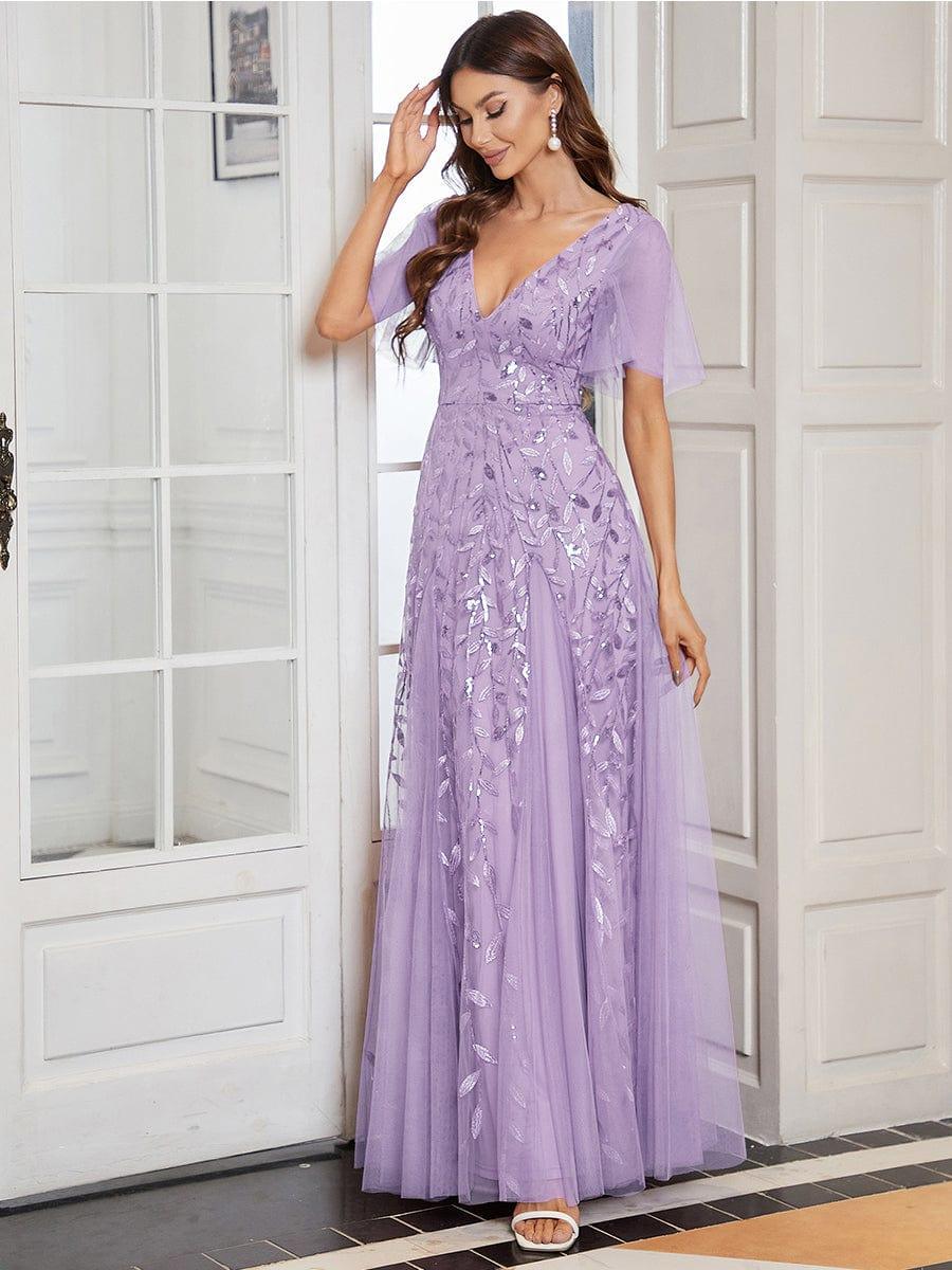 ASTRAL|Ruffle Sleeves Leaf Sequin Maxi Bridesmaid Dress