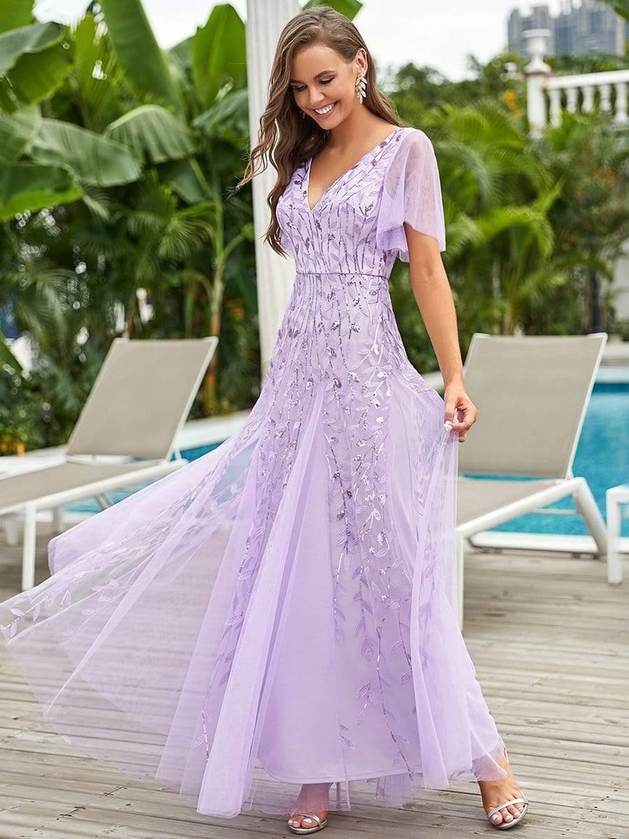 ASTRAL|Ruffle Sleeves Leaf Sequin Maxi Bridesmaid Dress