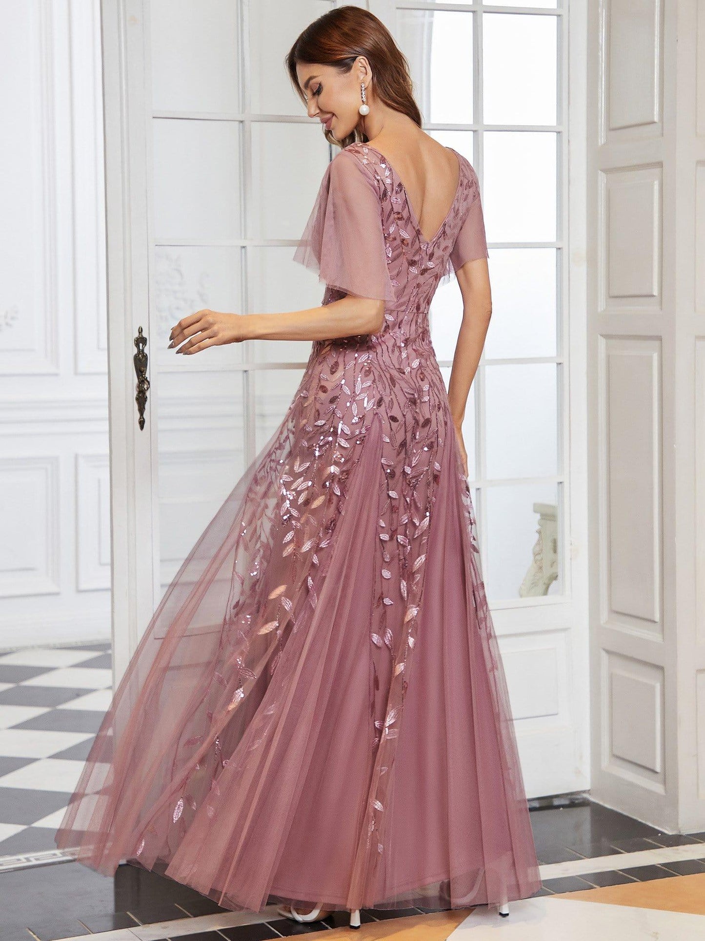 ASTRAL|Ruffle Sleeves Leaf Sequin Maxi Bridesmaid Dress