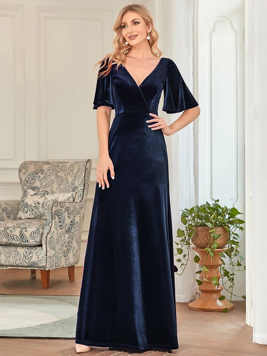 Velvet Double V Neck Maxi Bridesmaid Dress