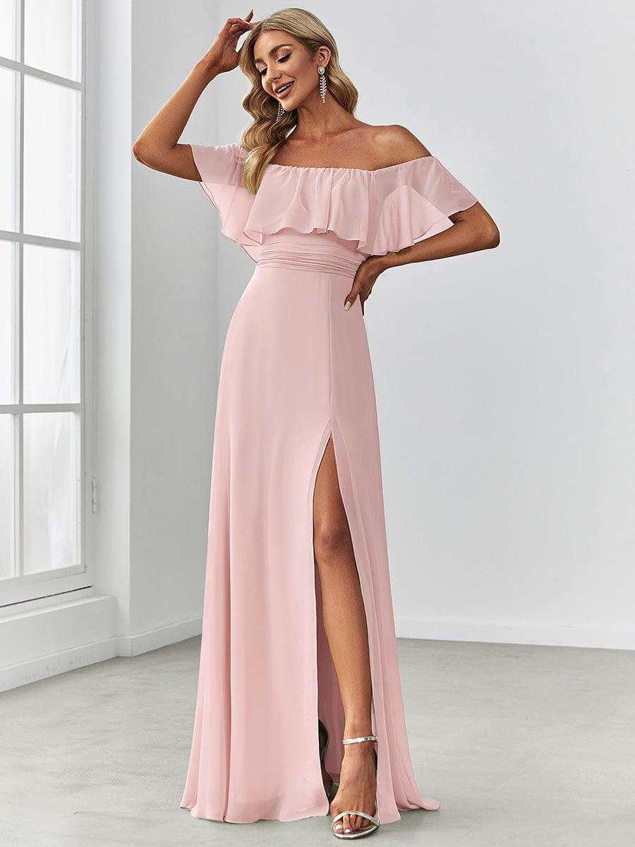 ÉMILE|Off the Shoulder Ruffle Bodice Long Flowy Chiffon Bridesmaid Dress