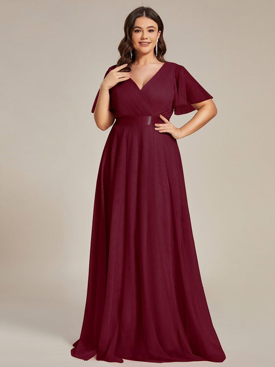 MISTE|Double V-Neck Floor-Length Short Sleeve Tulle Bridesmaid Dresses