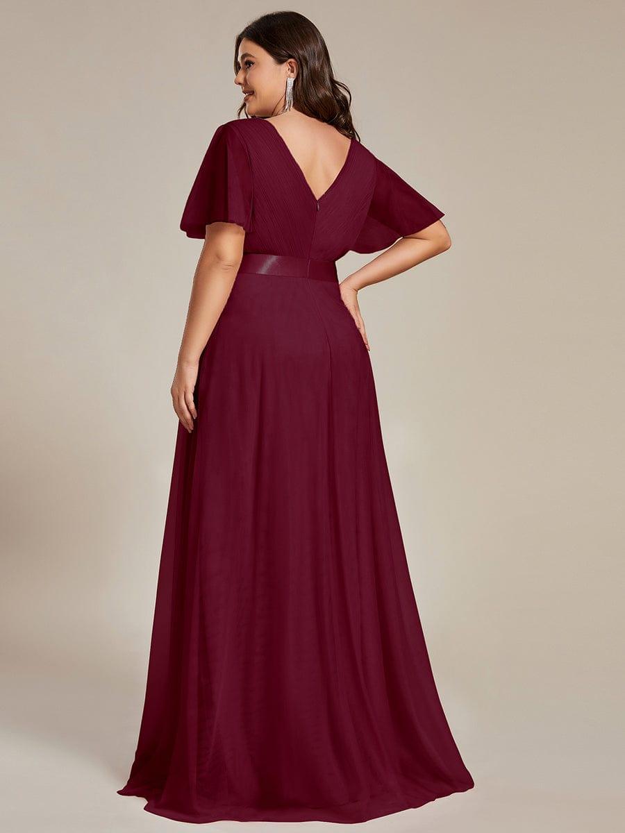 MISTE|Double V-Neck Floor-Length Short Sleeve Tulle Bridesmaid Dresses