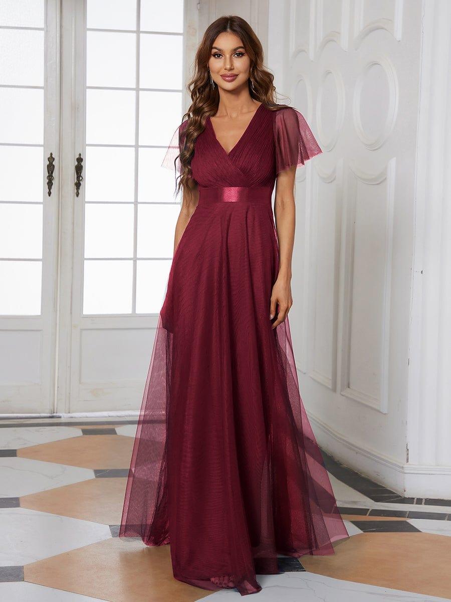 MISTE|Double V-Neck Floor-Length Short Sleeve Tulle Bridesmaid Dresses