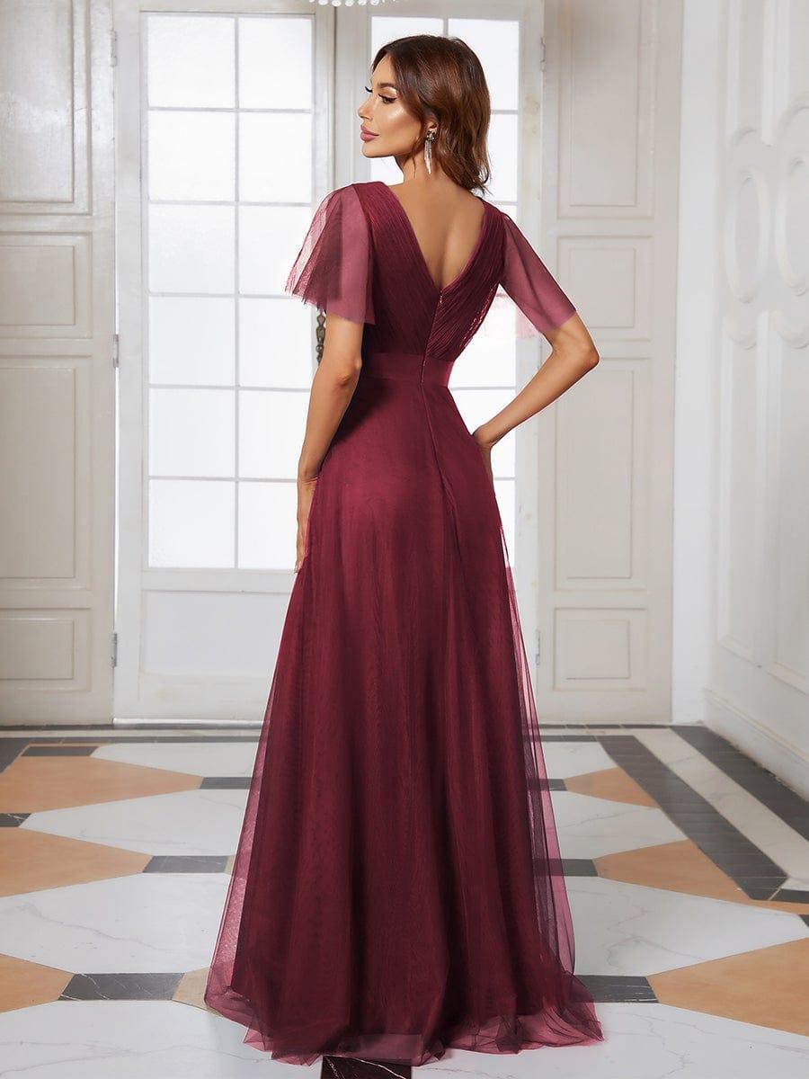 MISTE|Double V-Neck Floor-Length Short Sleeve Tulle Bridesmaid Dresses