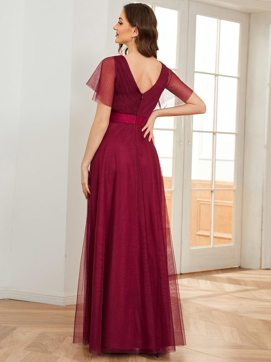 MISTE|Double V-Neck Floor-Length Short Sleeve Tulle Bridesmaid Dresses