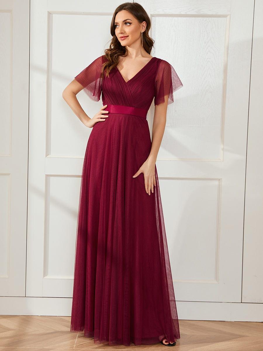 MISTE|Double V-Neck Floor-Length Short Sleeve Tulle Bridesmaid Dresses