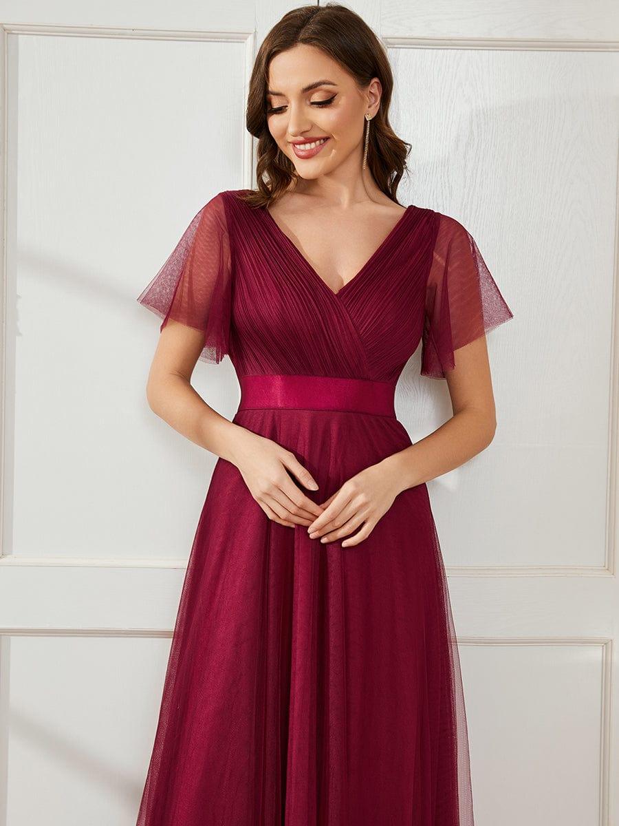 MISTE|Double V-Neck Floor-Length Short Sleeve Tulle Bridesmaid Dresses