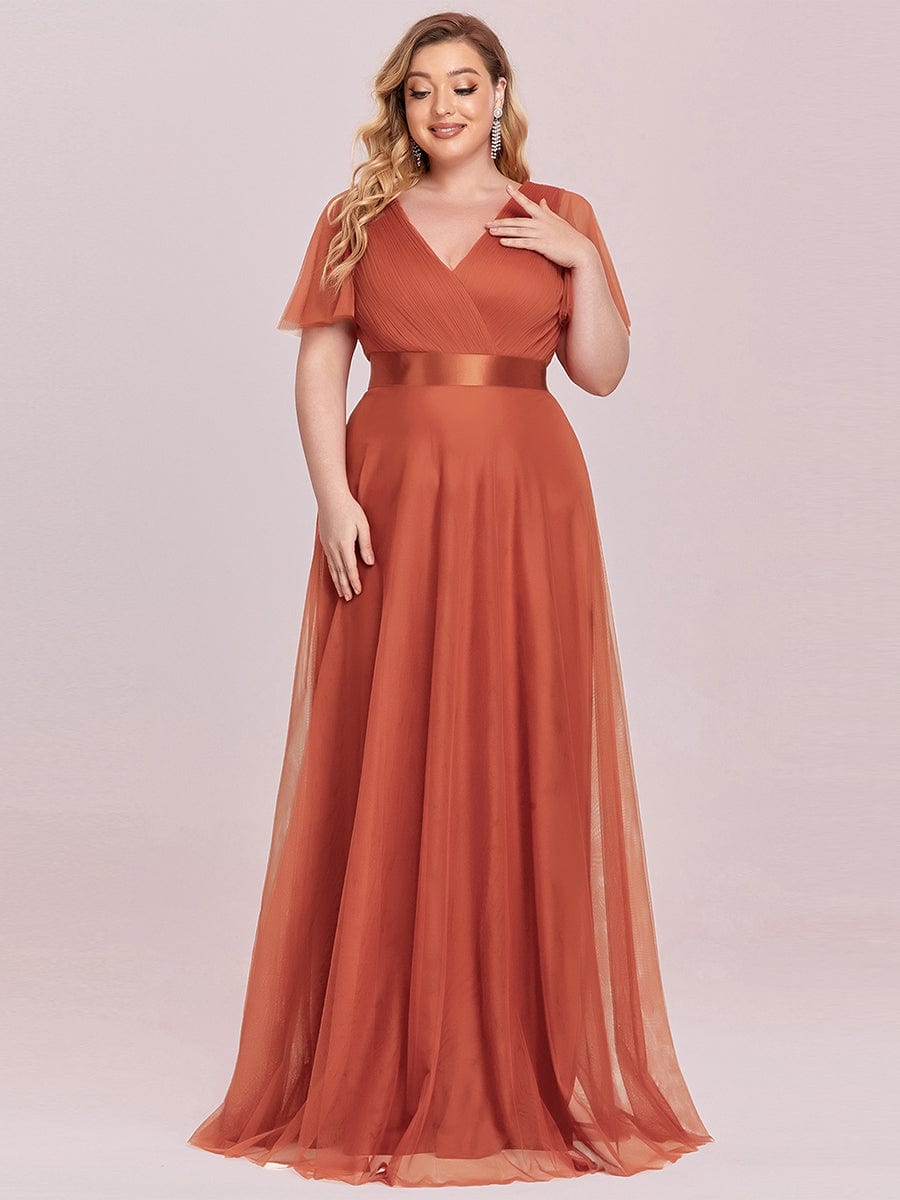 MISTE|Double V-Neck Floor-Length Short Sleeve Tulle Bridesmaid Dresses