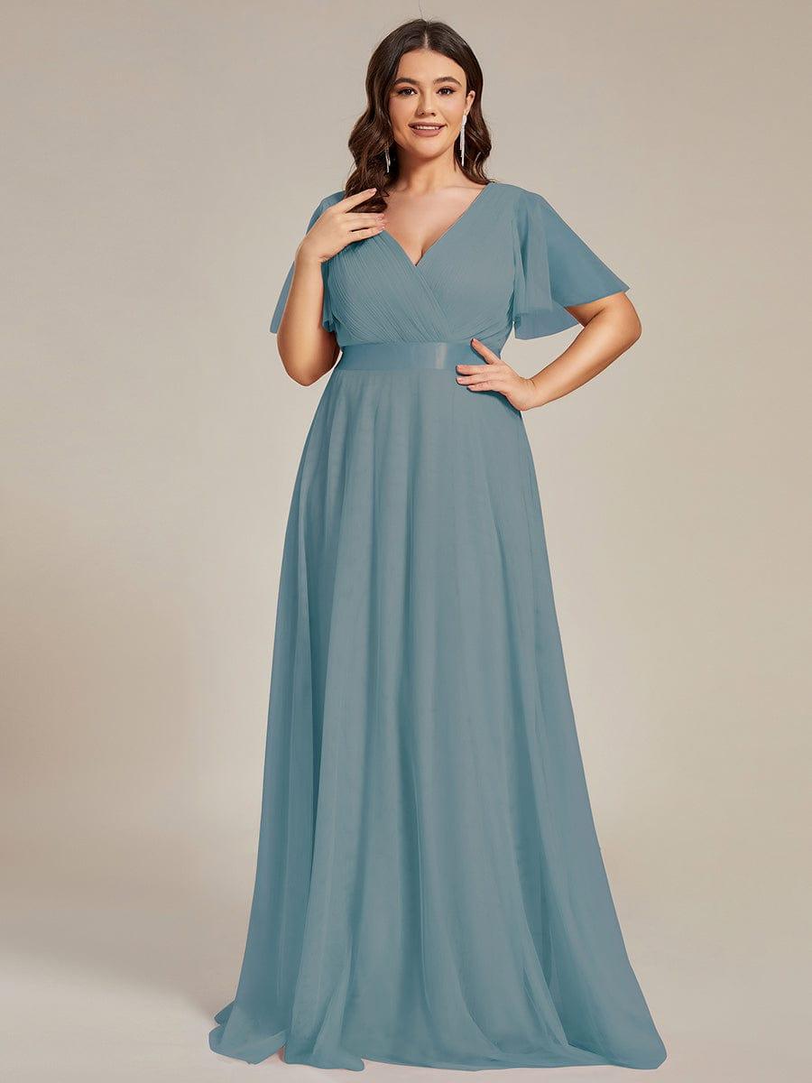 MISTE|Double V-Neck Floor-Length Short Sleeve Tulle Bridesmaid Dresses