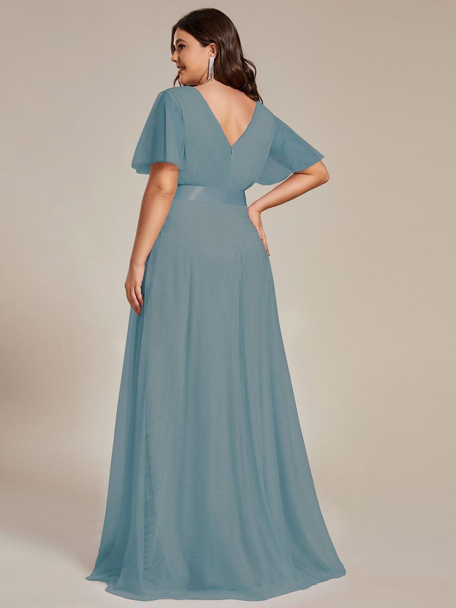 MISTE|Double V-Neck Floor-Length Short Sleeve Tulle Bridesmaid Dresses
