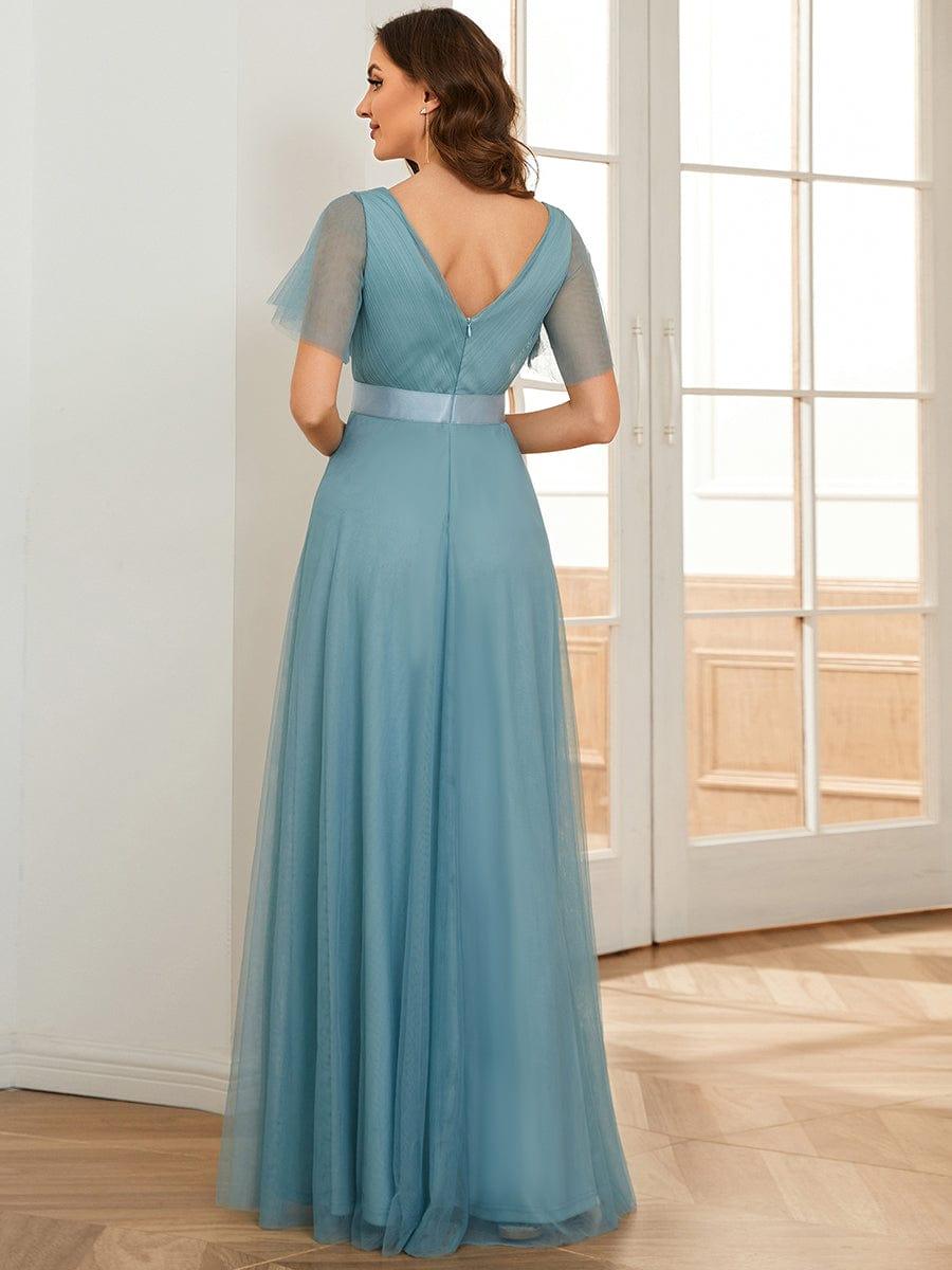 MISTE|Double V-Neck Floor-Length Short Sleeve Tulle Bridesmaid Dresses