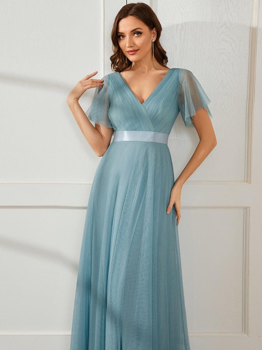 MISTE|Double V-Neck Floor-Length Short Sleeve Tulle Bridesmaid Dresses