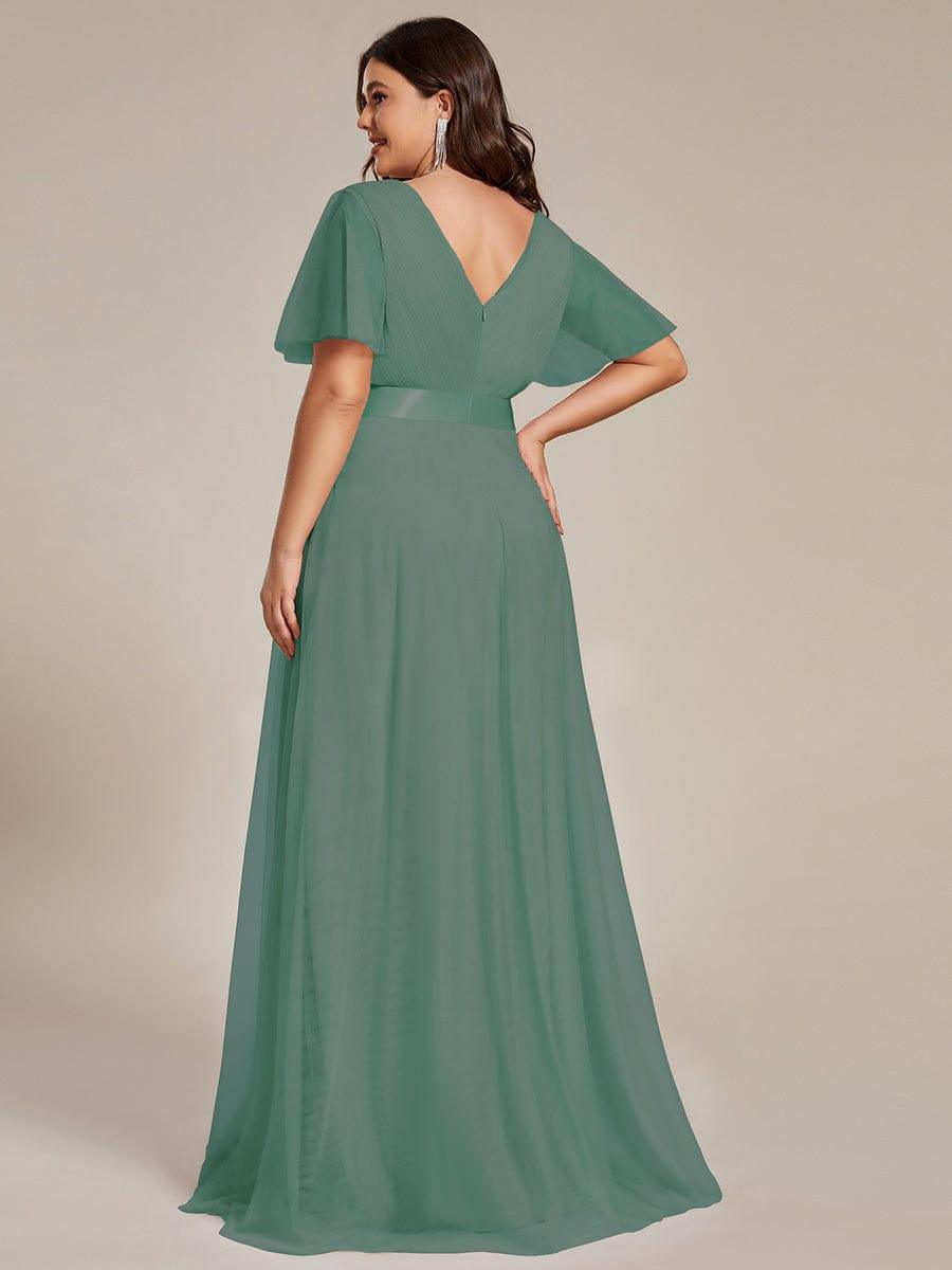 MISTE|Double V-Neck Floor-Length Short Sleeve Tulle Bridesmaid Dresses