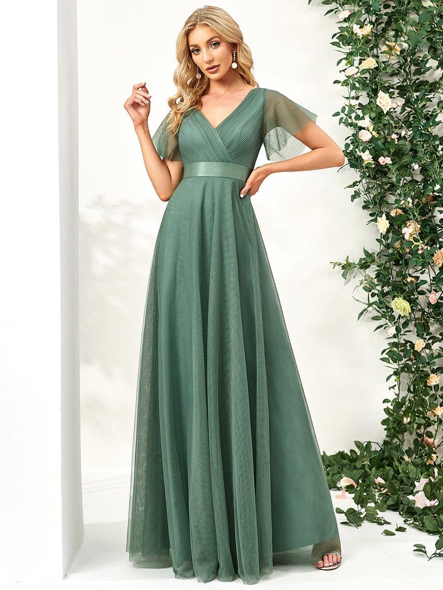 MISTE|Double V-Neck Floor-Length Short Sleeve Tulle Bridesmaid Dresses