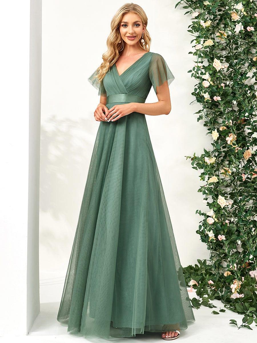 MISTE|Double V-Neck Floor-Length Short Sleeve Tulle Bridesmaid Dresses