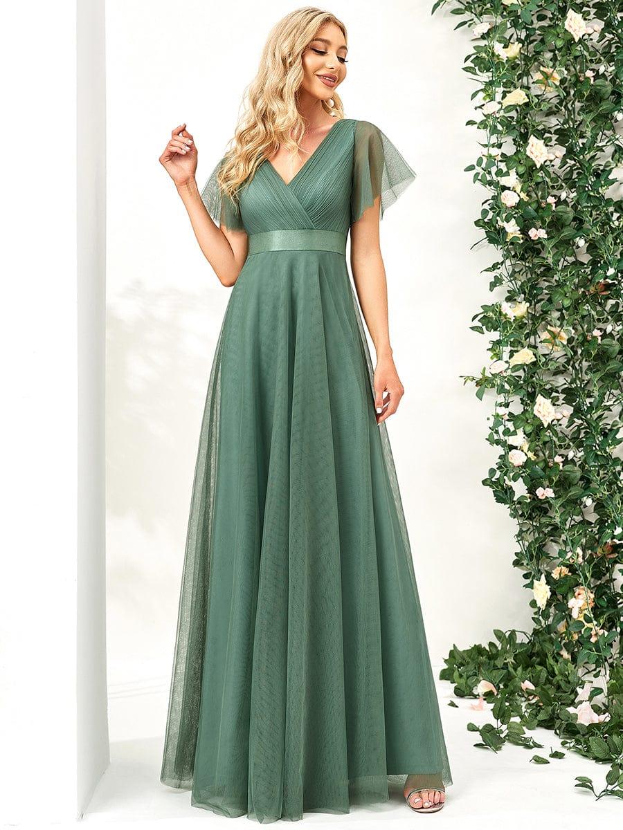 MISTE|Double V-Neck Floor-Length Short Sleeve Tulle Bridesmaid Dresses