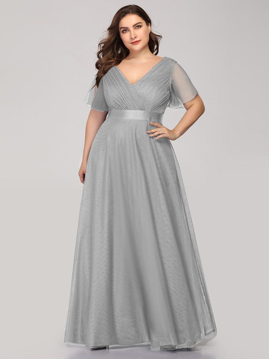 MISTE|Double V-Neck Floor-Length Short Sleeve Tulle Bridesmaid Dresses