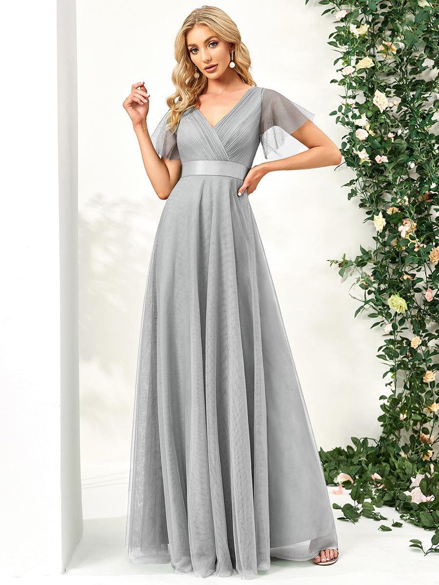MISTE|Double V-Neck Floor-Length Short Sleeve Tulle Bridesmaid Dresses