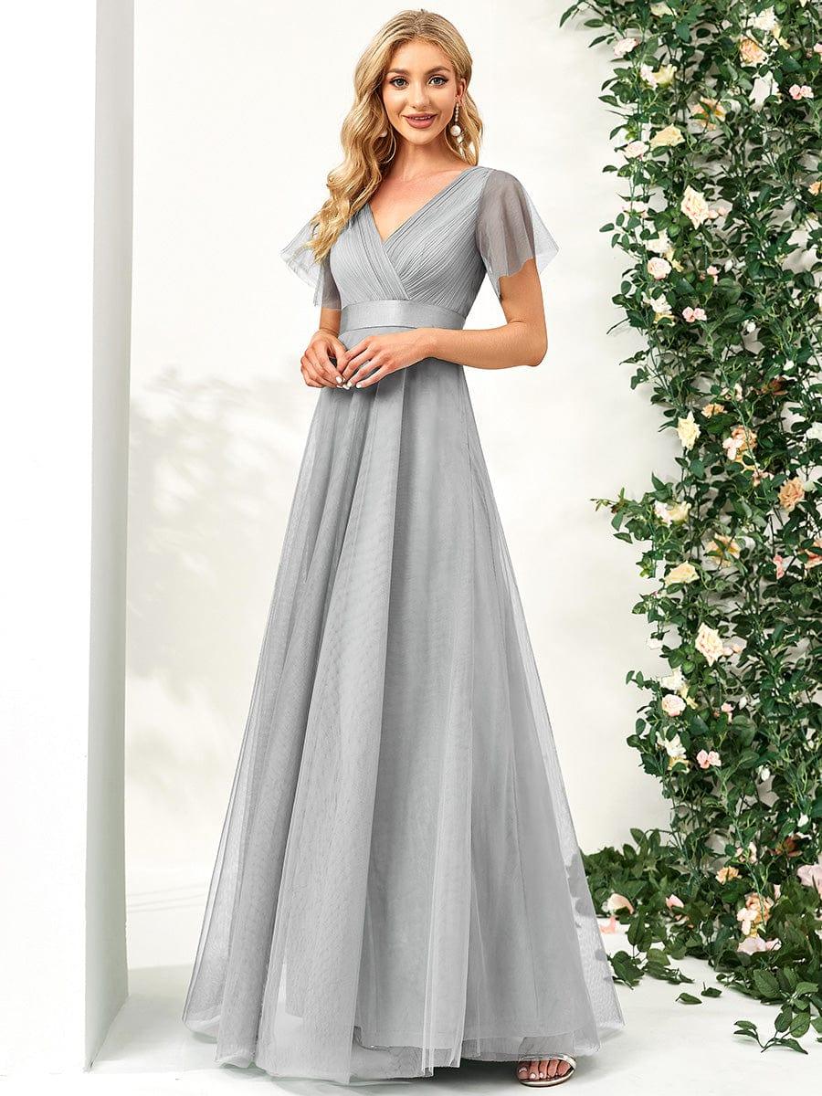 MISTE|Double V-Neck Floor-Length Short Sleeve Tulle Bridesmaid Dresses