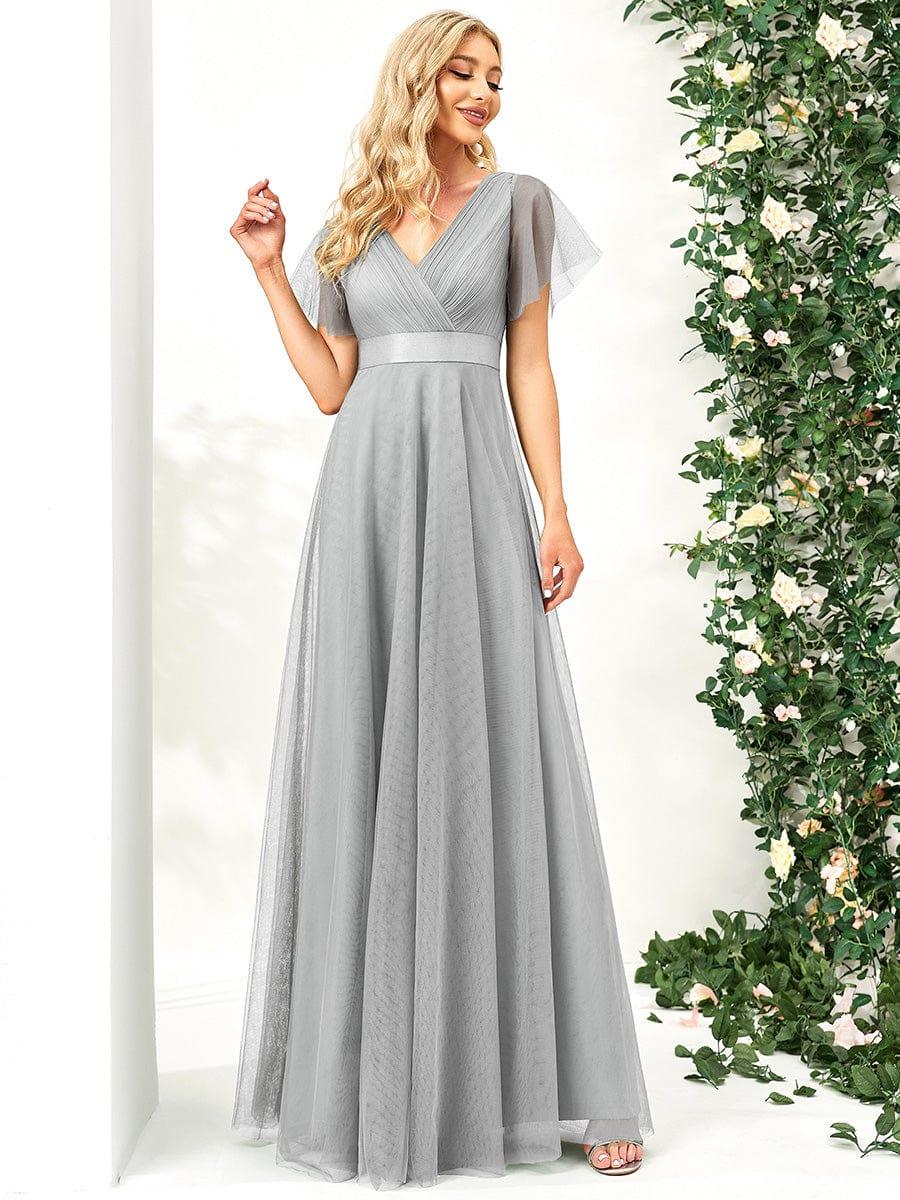 MISTE|Double V-Neck Floor-Length Short Sleeve Tulle Bridesmaid Dresses