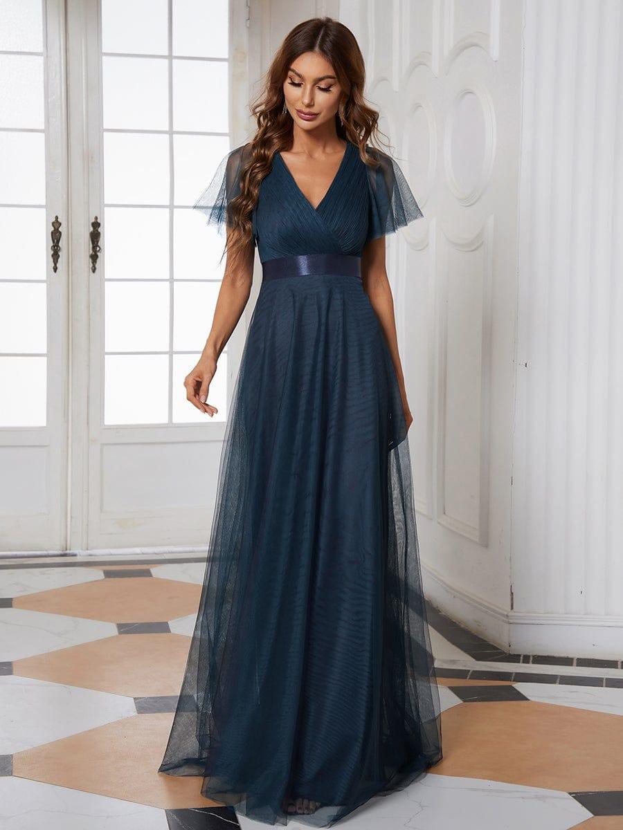 MISTE|Double V-Neck Floor-Length Short Sleeve Tulle Bridesmaid Dresses