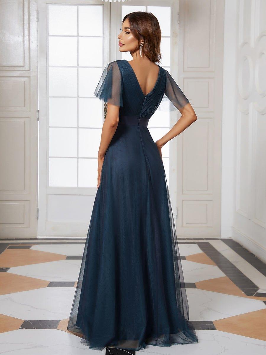 MISTE|Double V-Neck Floor-Length Short Sleeve Tulle Bridesmaid Dresses