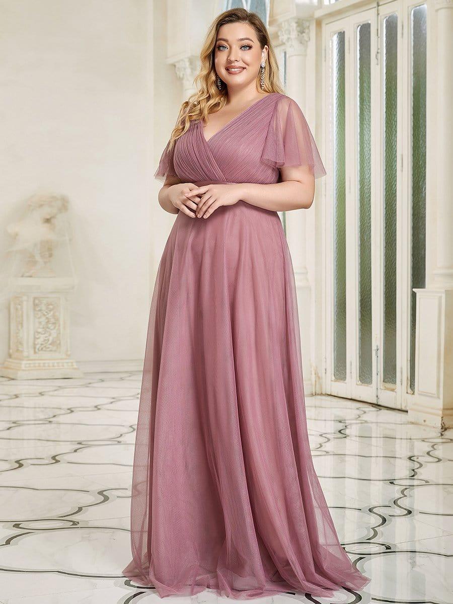pretty MISTE|Women's Floor-Length Plus Size Formal Bridesmaid Dress with Short Sleeve