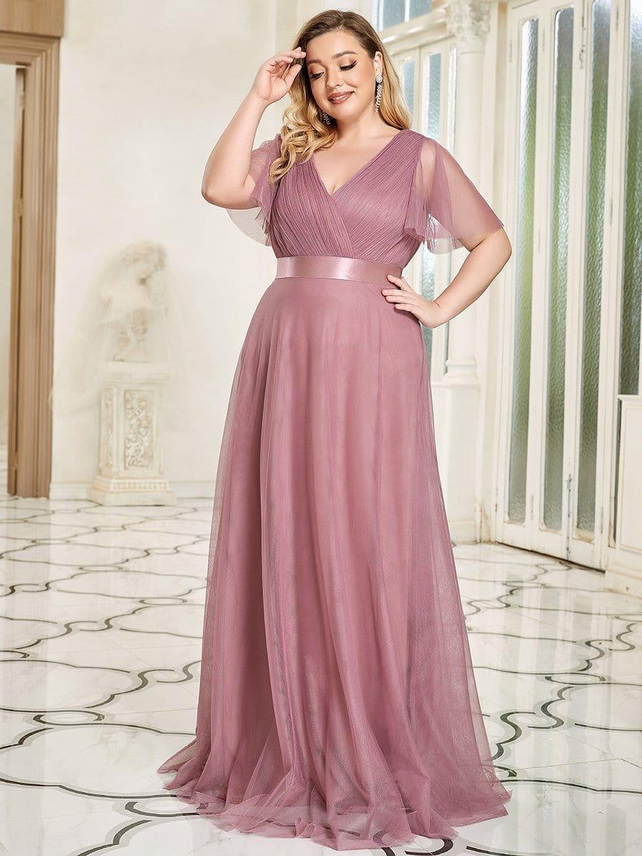 pretty MISTE|Women's Floor-Length Plus Size Formal Bridesmaid Dress with Short Sleeve