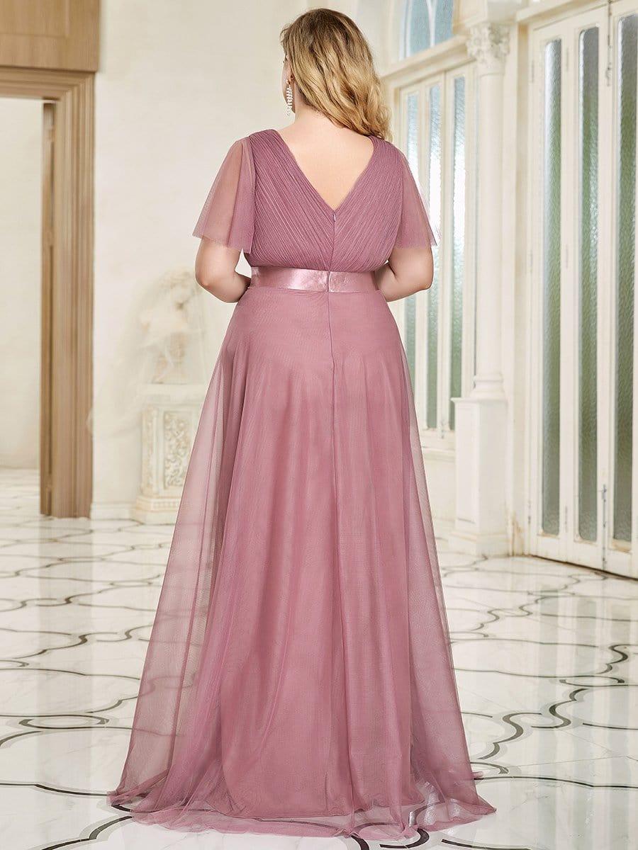 MISTE|Double V-Neck Floor-Length Short Sleeve Tulle Bridesmaid Dresses