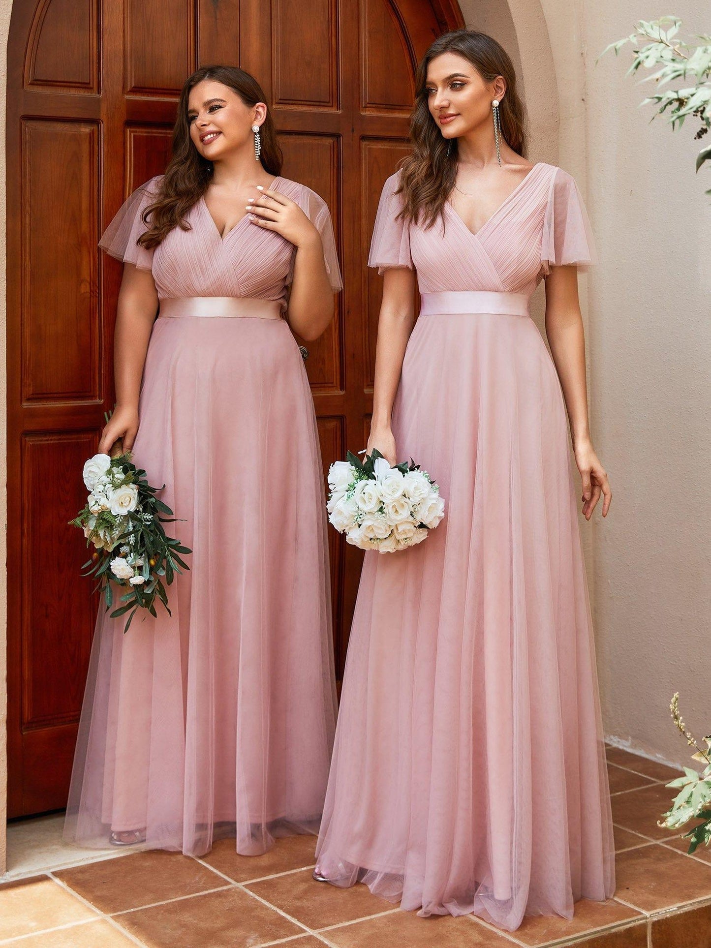 MISTE|Double V-Neck Floor-Length Short Sleeve Tulle Bridesmaid Dresses
