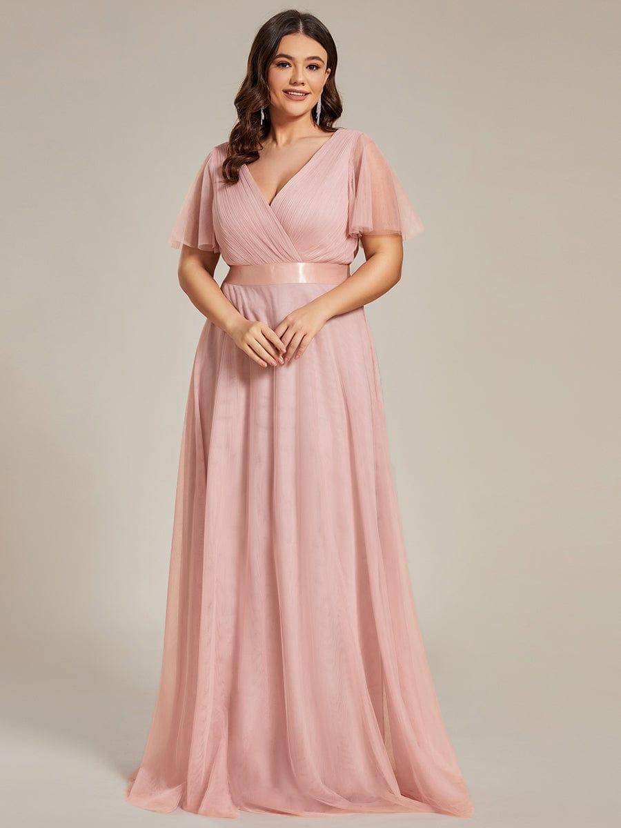 MISTE|Double V-Neck Floor-Length Short Sleeve Tulle Bridesmaid Dresses