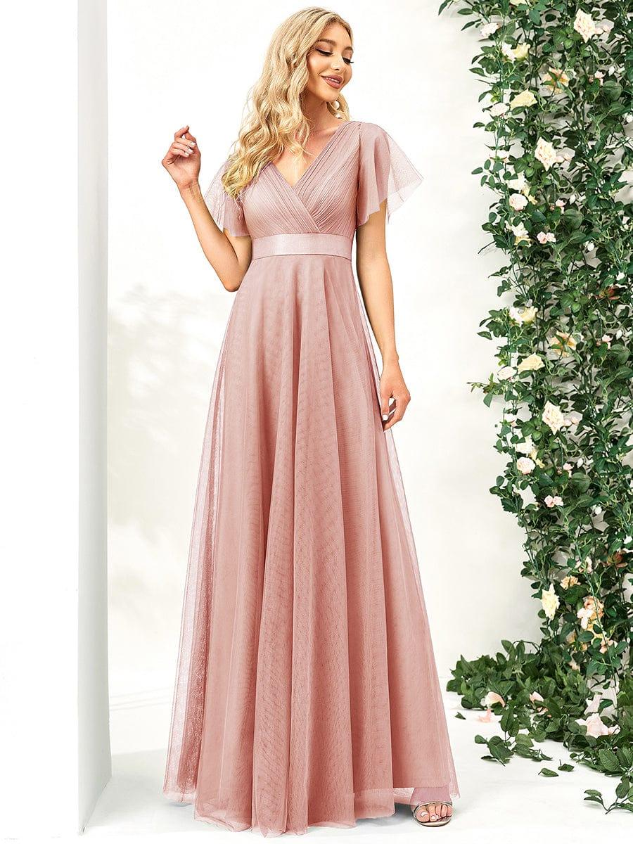 MISTE|Double V-Neck Floor-Length Short Sleeve Tulle Bridesmaid Dresses
