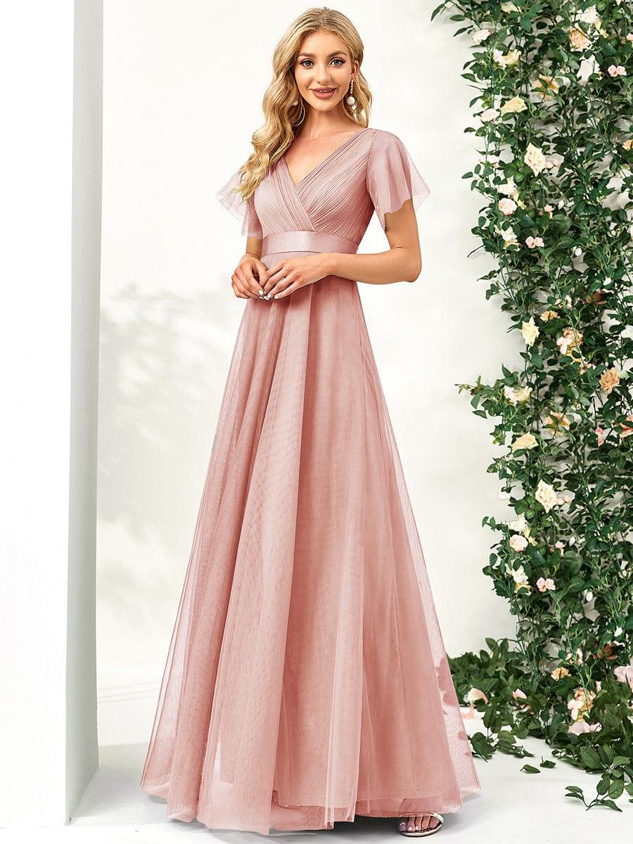 MISTE|Double V-Neck Floor-Length Short Sleeve Tulle Bridesmaid Dresses