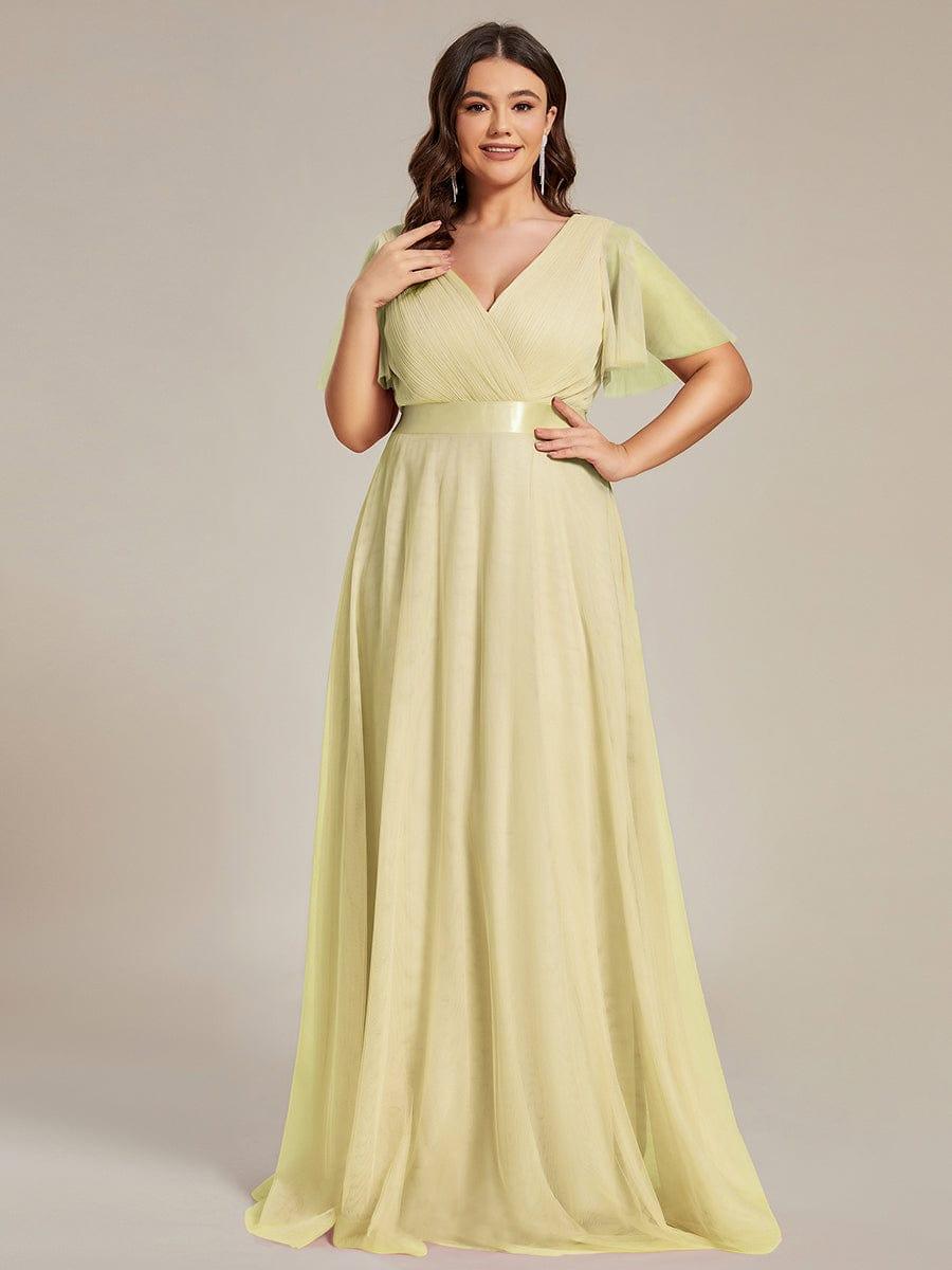 MISTE|Double V-Neck Floor-Length Short Sleeve Tulle Bridesmaid Dresses