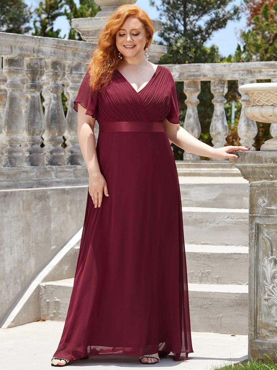 pretty MONICA|Plus Size Empire Waist V Back Bridesmaid Dress with Short Sleeves