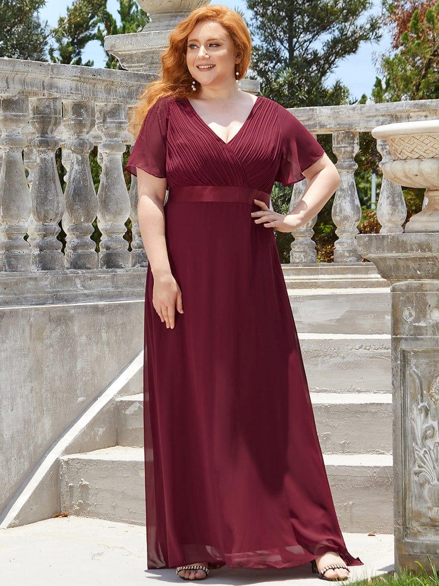 pretty MONICA|Plus Size Empire Waist V Back Bridesmaid Dress with Short Sleeves