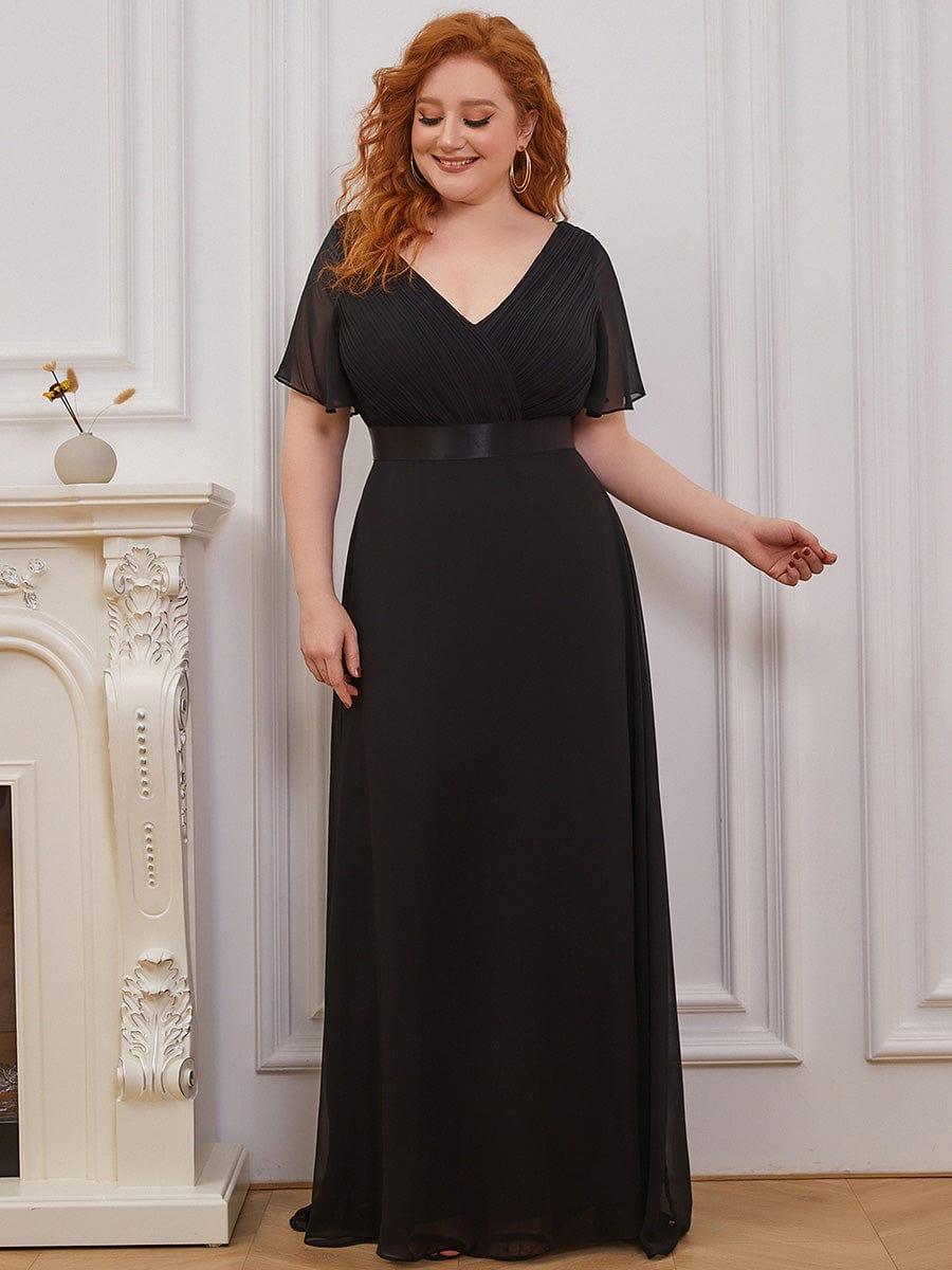 pretty MONICA|Plus Size Empire Waist V Back Bridesmaid Dress with Short Sleeves